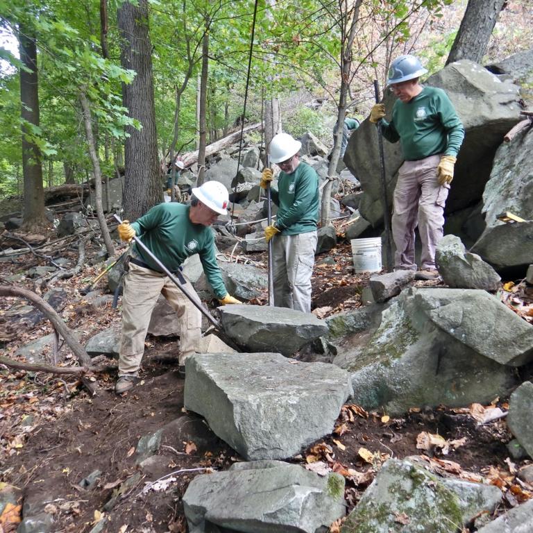Long Distance Trails Crew working on the Long Path at Hook Mountain State Park.