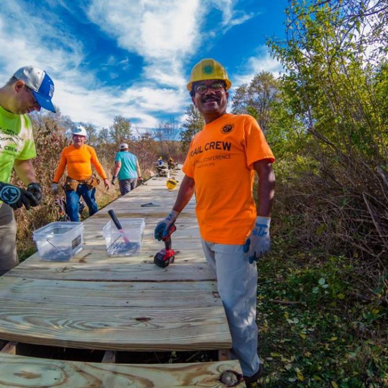 The Trail Conference's West Jersey Crew works on the Appalachian Trail's Pochuck Boardwalk in Vernon, N.J. Photo Credit: John Pappas