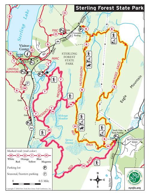 Sterling Forest State Park Hutchinson Munsee-Eagle Multi-use Trail Loop. Map by Jeremy Apgar.