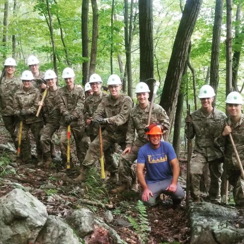 Trail Stewards and Volunteer Andy Garrison worked on trail construction with a group of West Point Cadets. Photo by Eduardo Gil.