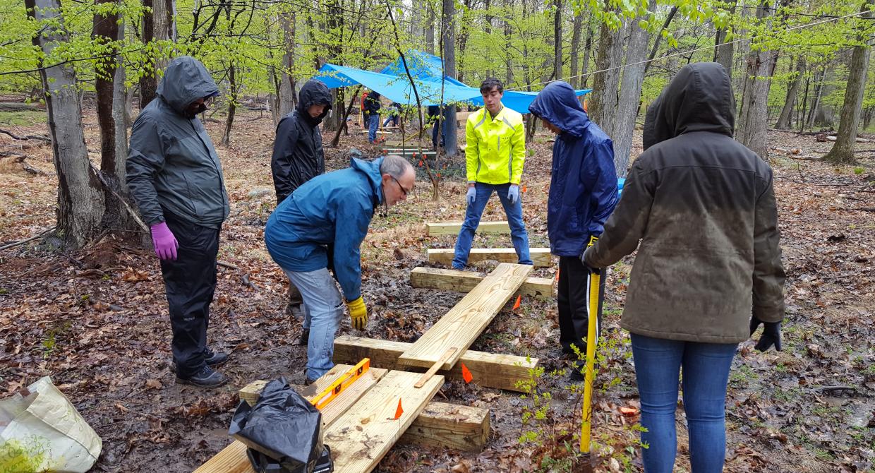 Volunteers from the South Mountain Conservancy work on a connector trail to the Lenape Trail. Photo by Dennis Percher.