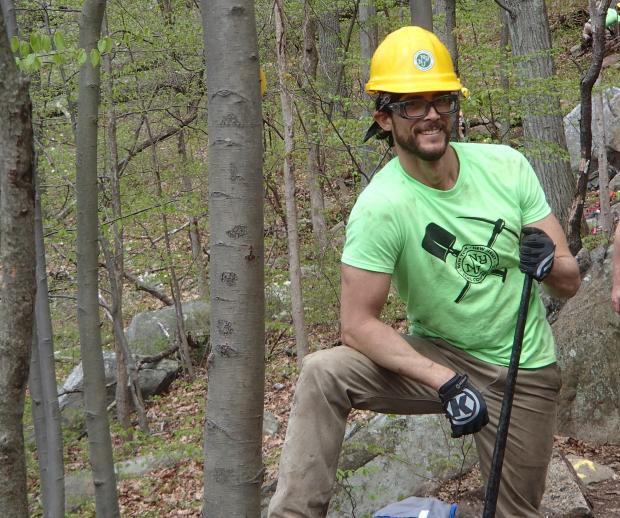 Trail Conference Conservation Corps member Tim Palumbo served on the Megalithic Trail Crew in 2016. Photo by Ashtyn Elizondo.