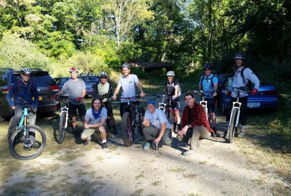 Mountain bikers after checking out a new section of trail.  