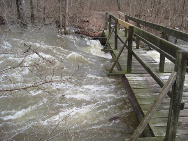 High water approaches trail bridge at Long Pond Ironworks