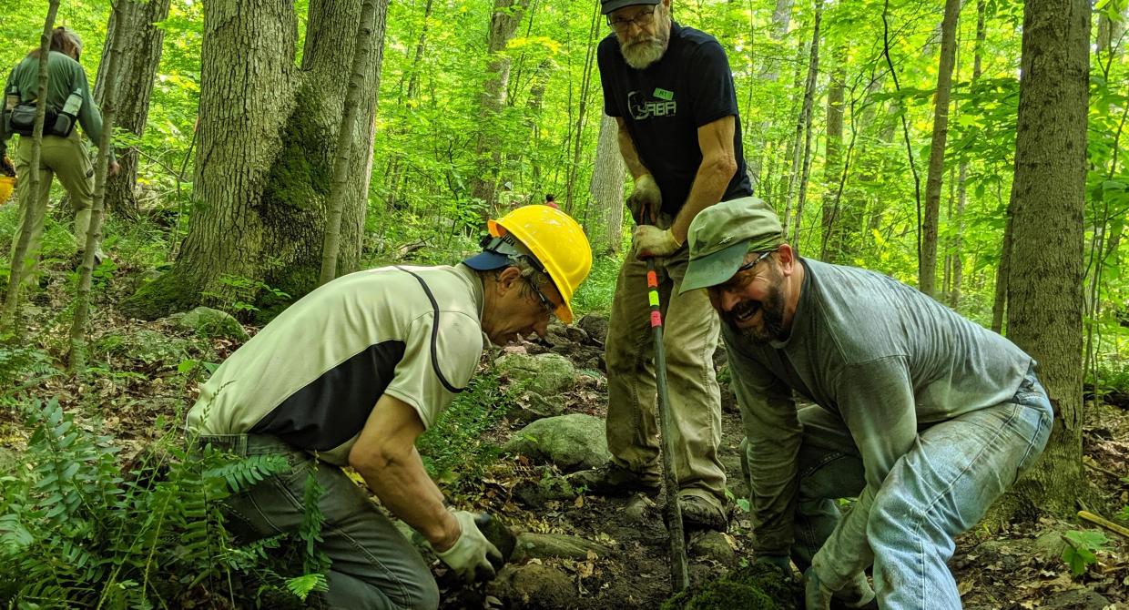 JORBA and Trail Conference volunteers working on the Crossover Trail in Ringwood State Park.