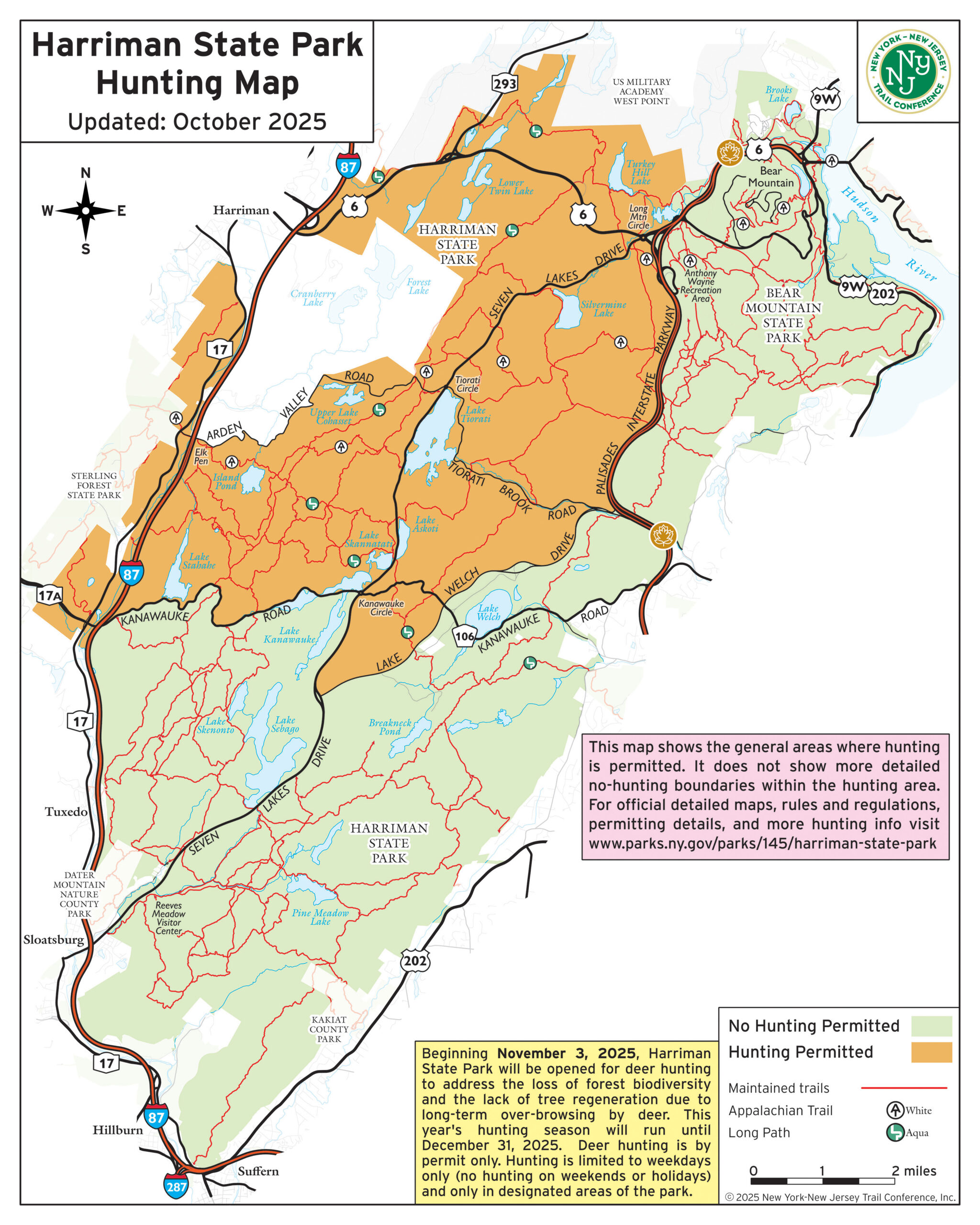 A reference map of hunting zones in Harriman State Park, as part of the 2025 hunting season in New York.
